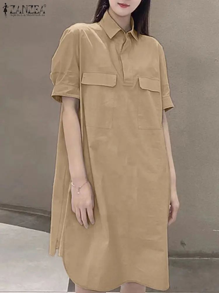 

2023 Fashion Summer Lapel Neck Half Sleeve Shirt Dress ZANZEA Women Solid Knee-length Vestido Casual Loose Sundress Robe Femme