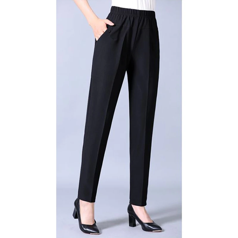 Middle-aged Elderly Women 2023 Autumn Winter Fashion Plaid Striped Plush Warm Pants Ladies Casual High Waist Trousers Pantalones