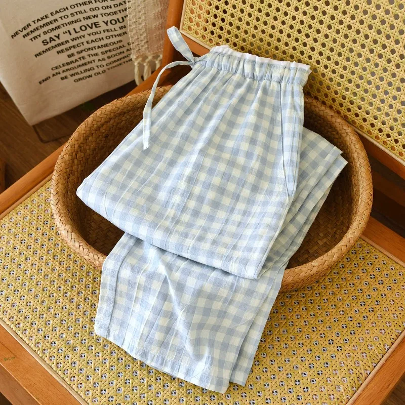 2026 new women's sleepwear 100% cotton gauze lace checkered pants Japanese minimalist home pants bottoms womens sleepwear - 4