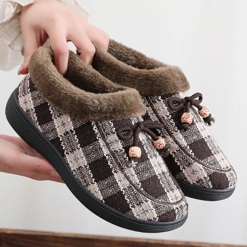 Women's Shoes Round Toe Casual Flat Shoes Slip on Casual Shoes Winter Plush and Thickened Vintage Cotton Shoes Snow Boots