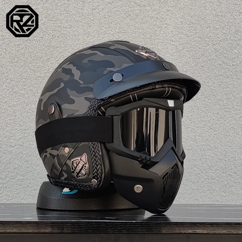ORZ New PU Leather 3/4 Retro Cruising Motorcycle Helmet Summer Scooter Half Helmet with Mask Windshield DOT Approval