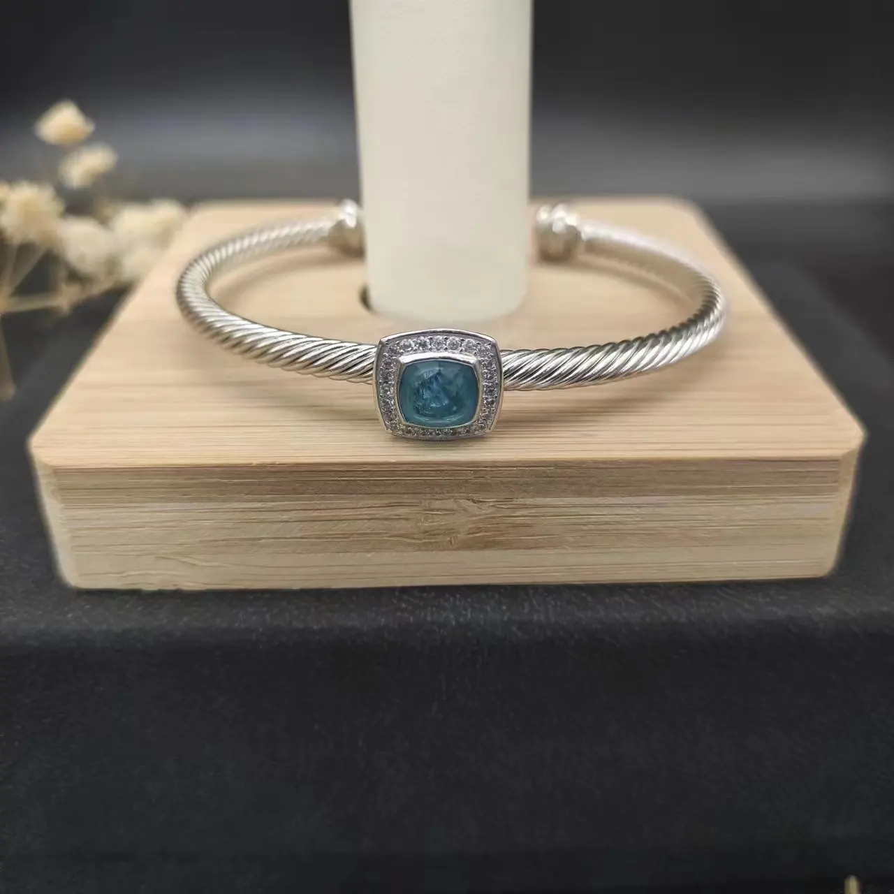 HSC 4MM Cable Classic DY S925 Sterling Silver Black Onyx And Paved Diamond Bracelet For Men's Jewelry Gift