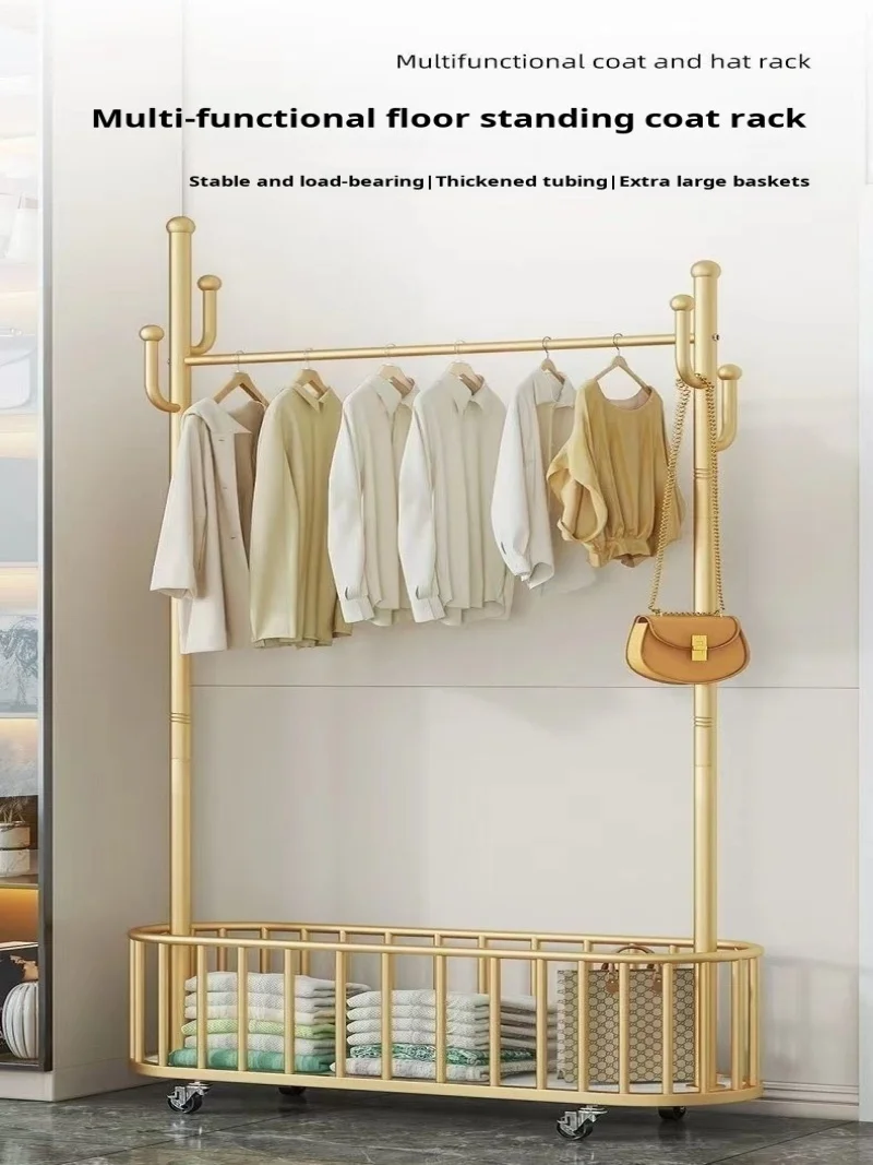 Household coat rack storage thickened floor standing clothes storage wheeled hangers Living bedroom hangers with Storage Basket