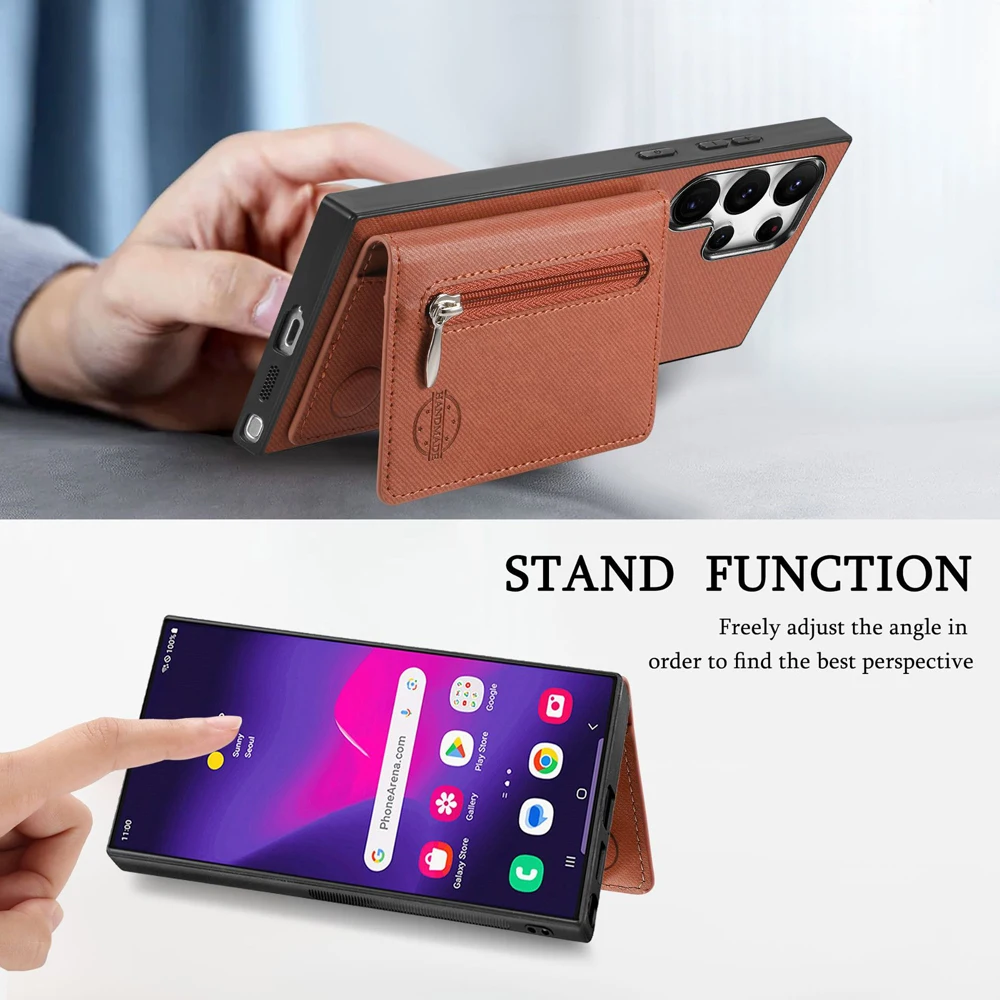 Zippered Leather Wallet Phone Case with Card Holder and Stand