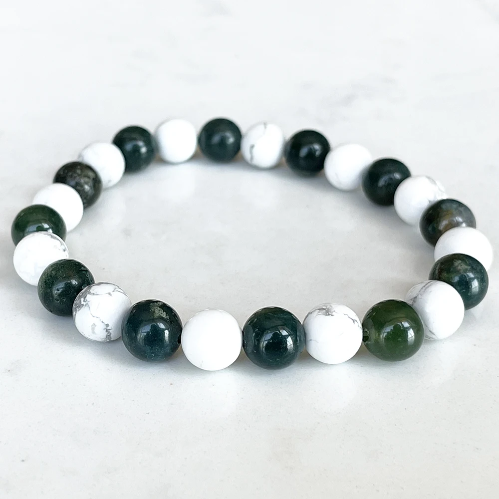 

MG1723 высококачественные женские весы, Искусственный мох 8 мм, агат, белая чакра Howlite, ювелирные изделия из натурального драгоценного камня