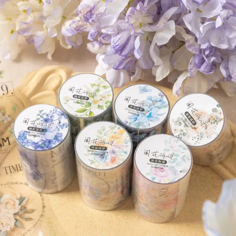 1Roll Speak Series INS Flower Handbook DIY Decorative PET Tape Smell the Flowers Stickers Adhesives Scrapbook 60mm*2m 2