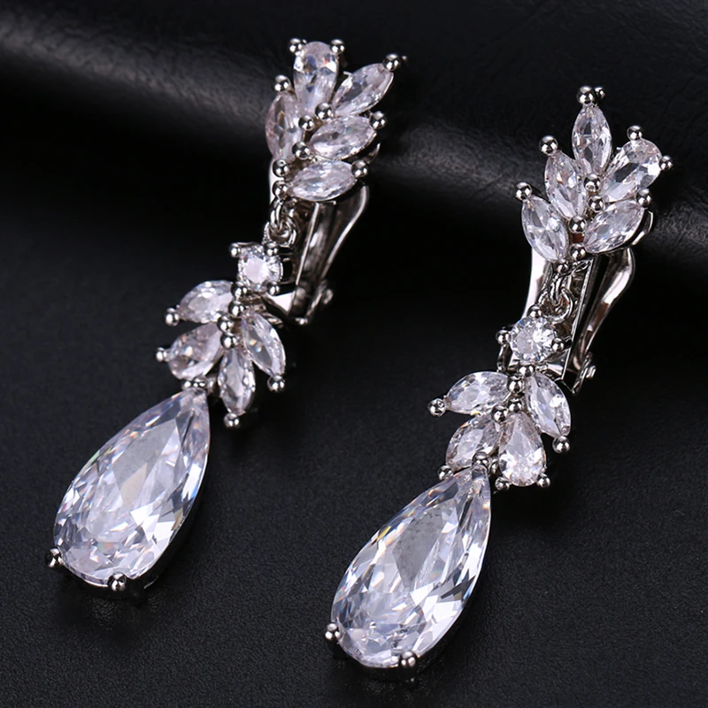 Fashion Leaf Zircon Clips Earrings for Women Silver Color Drop Water Clip Earings Long Crystal Wedding Ear Cuff Jewelry Gifts,ear clip earrings