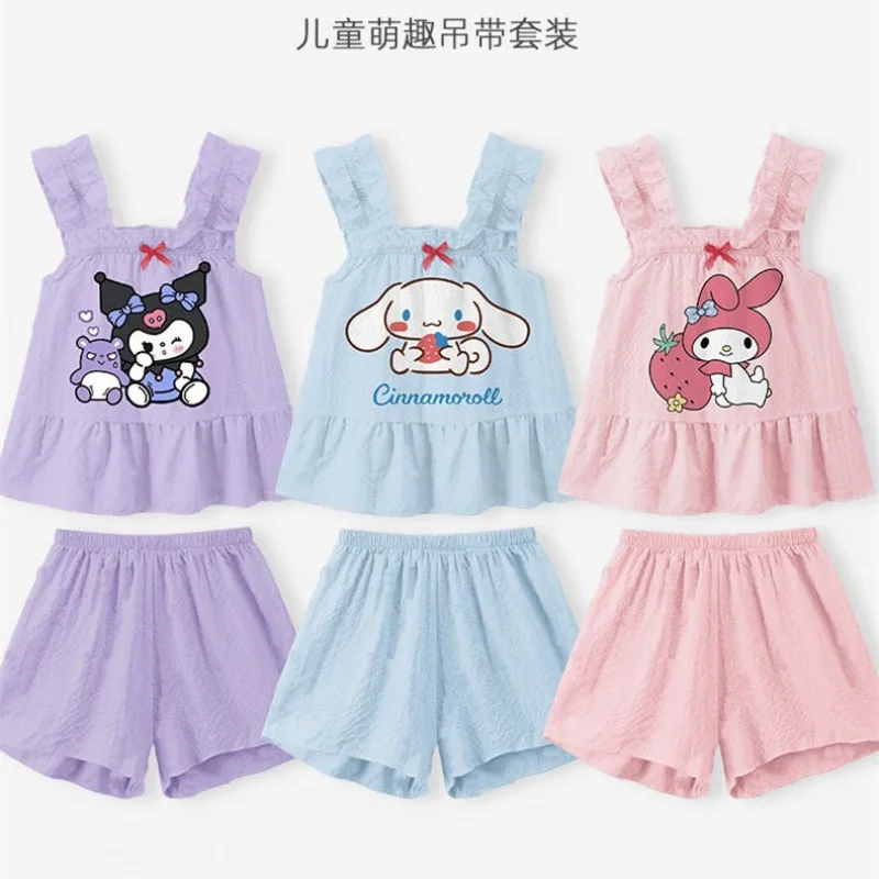 

Летняя Детская Пижама Sanriod из аниме Melody Cinnamoroll Kuromi, Детская Пижама на бретельках для мальчиков и девочек, одежда для сна без рукавов, короткий комплект нижнего белья