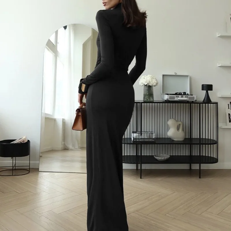 Autumn and Winter Fashion Women's Turtleneck Solid Color Dress Casual Long Sleeve Splicing Strap Waist Long Dress Evening Dress