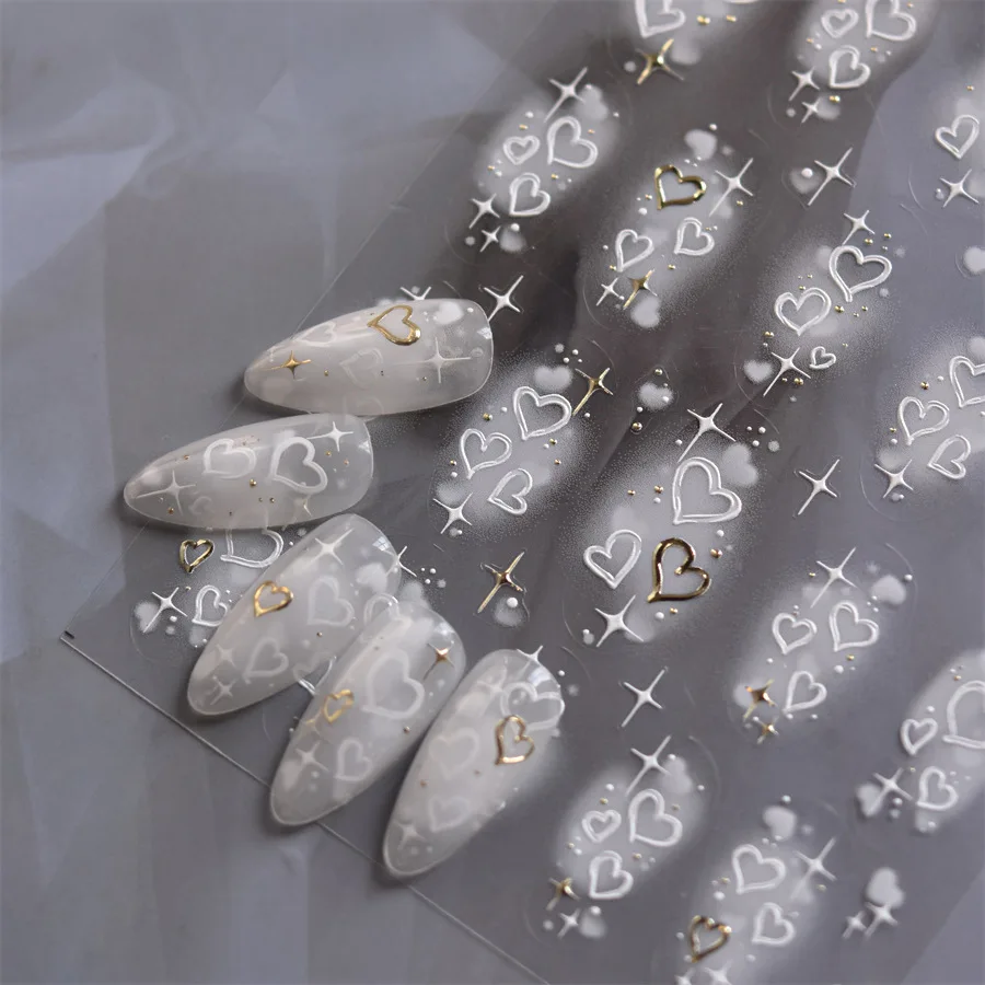 5D 릴리프 네일 스티커 핫 스탬핑 골드 실버 화이트 하트 접착 네일 아트 스티커 1PC DIY 일본식 네일 장식 데칼