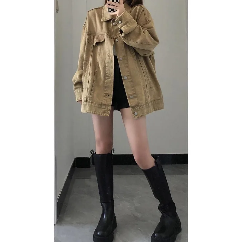 

Джинсовая куртка женская свободного покроя, винтажная универсальная Классическая уличная модная повседневная ковбойская куртка с длинным рукавом, коричневый цвет, весна-осень