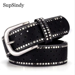 SupSindy Woman Leather Belt Punk Pin Buckle Vintage Rivets Luxury Designer Original Belts for Women Jeans Waistband Female Strap