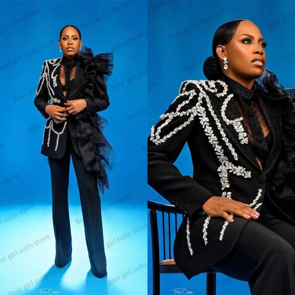 Women Suit Set Women Suits Sets Luxury Wedding Women Suit Set Blazer+Straight Pants 2 Pieces Crystal Tulle Coat Formal Black Prom Dress Custom Made Outfit