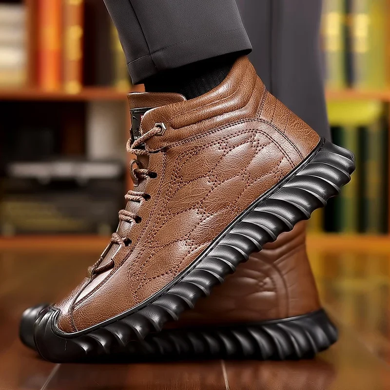 

Winter New High Quality Men's Leather High Top Cotton Shoes with Plush Thickened Outdoor Casual Snow Boots