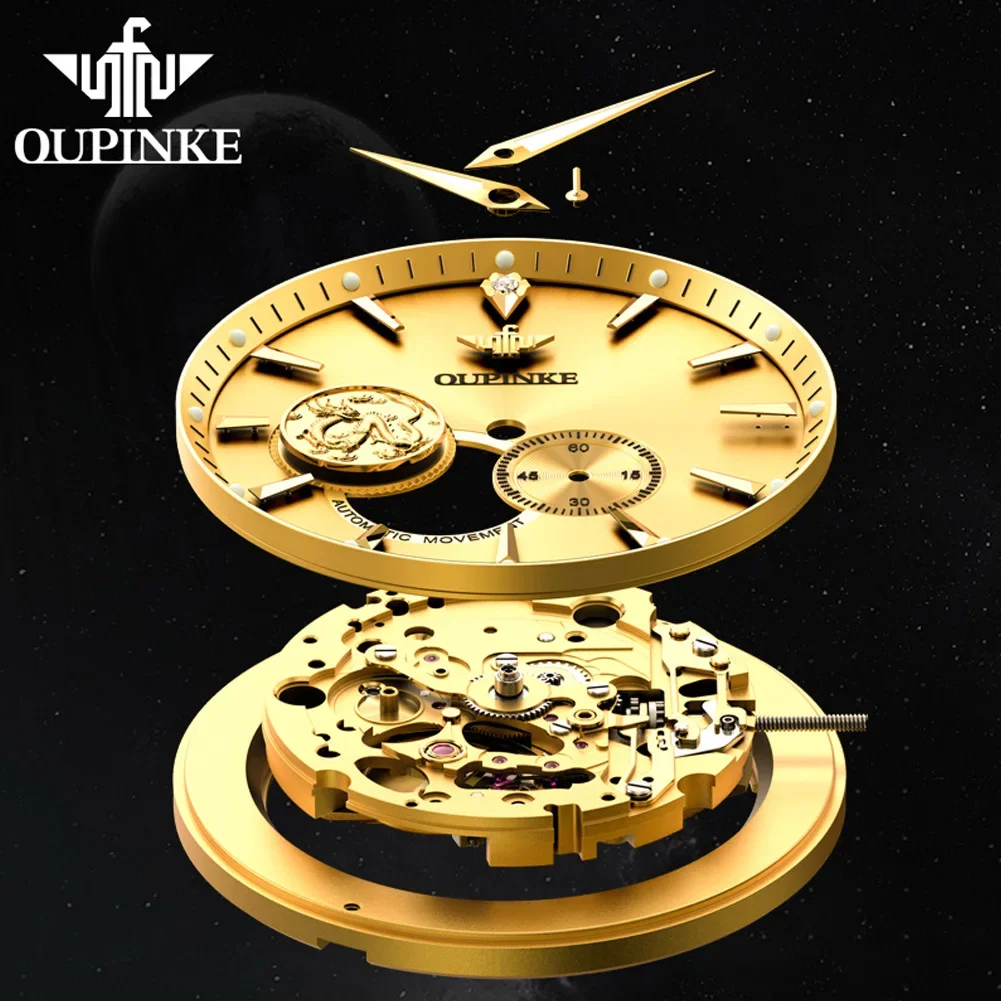 OUPINKE 3260 Real Diamond Mechanical Watch For Men Real Gold Hollow Dial Men's Watches Luxury Waterproof Automatic Wristwatch