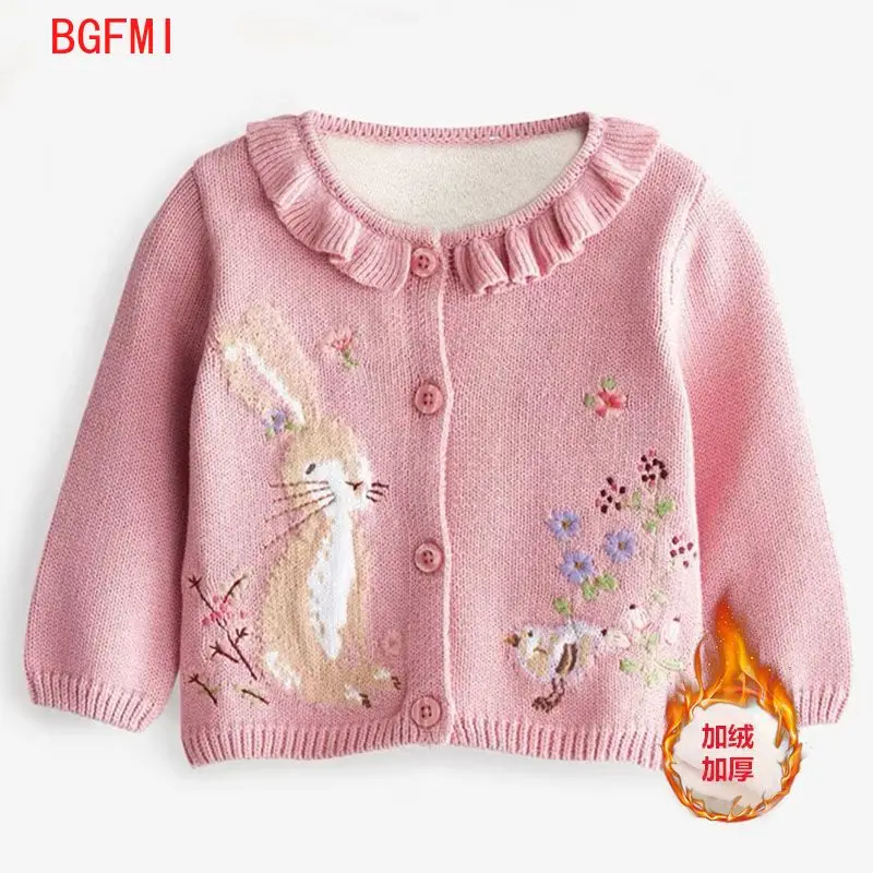 2-9세 아동용 가디건 여아용 핑크 토끼 자수 러플 라운드 넥 2025 아동용 플리스 안감 스웨터 니트 상의
