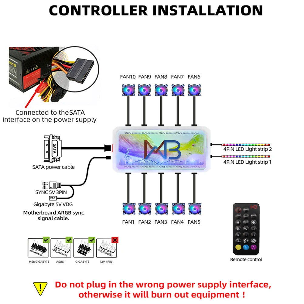 5V, ARGB, 120mm, Cor LED, Controle remoto, Barra de luz Portas, 6 pinos