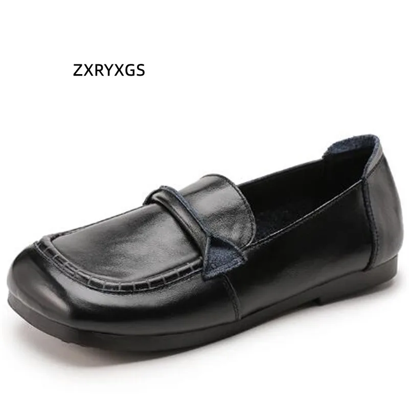 

ZXRYXGS 2022 New Square Toe Soft Genuine Leather Shoes Flat Shoes Comfort Soft Sole Non-slip Fashion Casual Shoes Woman Flats