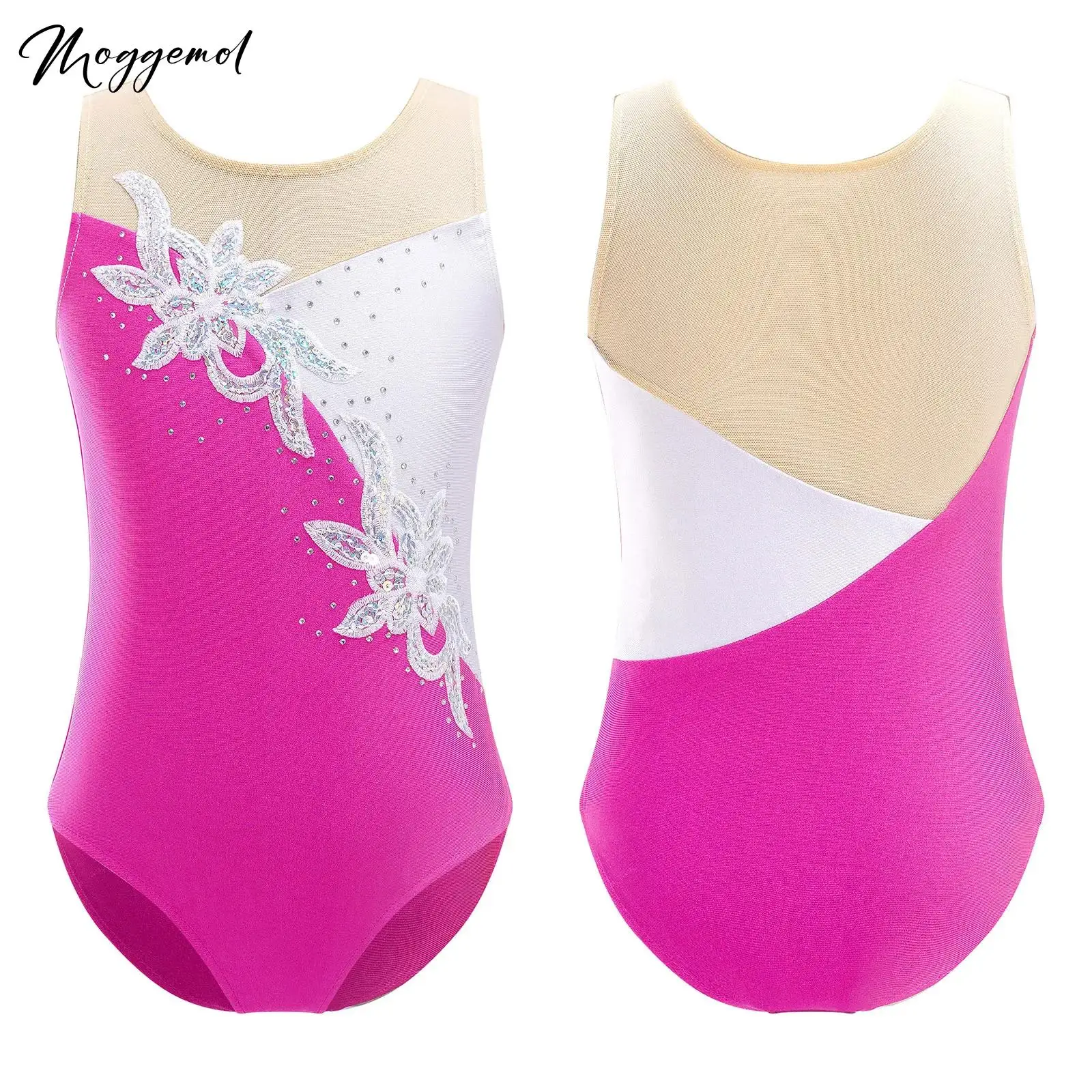 

Kids Girls Ballet Dance Leotards Gymnastics Bodysuit Sleeveless Shiny Rhinestone Figure Skating Jumpsuit Competition Costumes