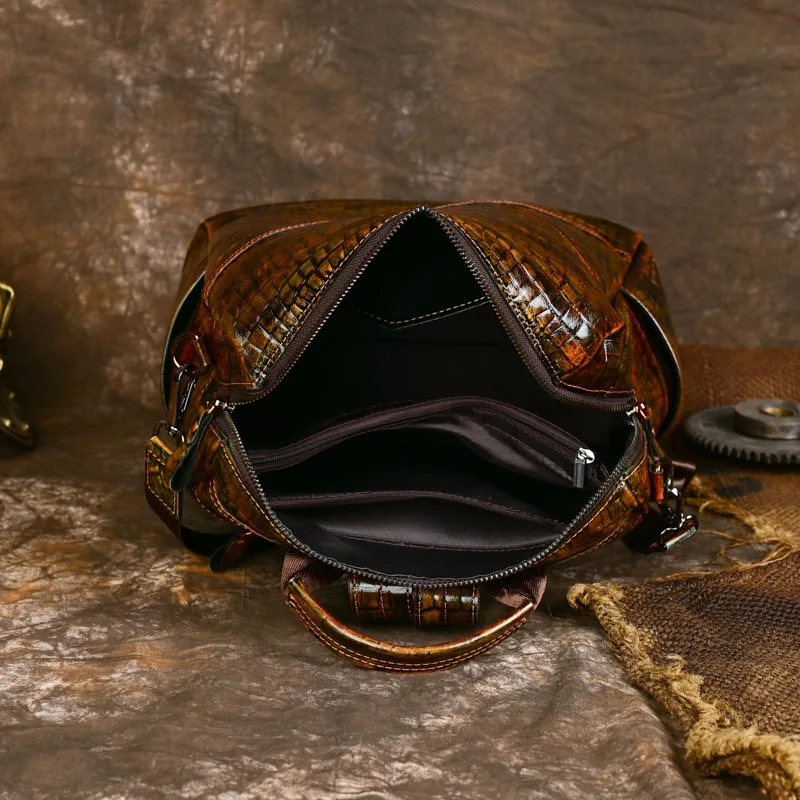 Leather Backpack Vintage Men's Backpack with Large Capacity in Genuine Leather Crocodile Print