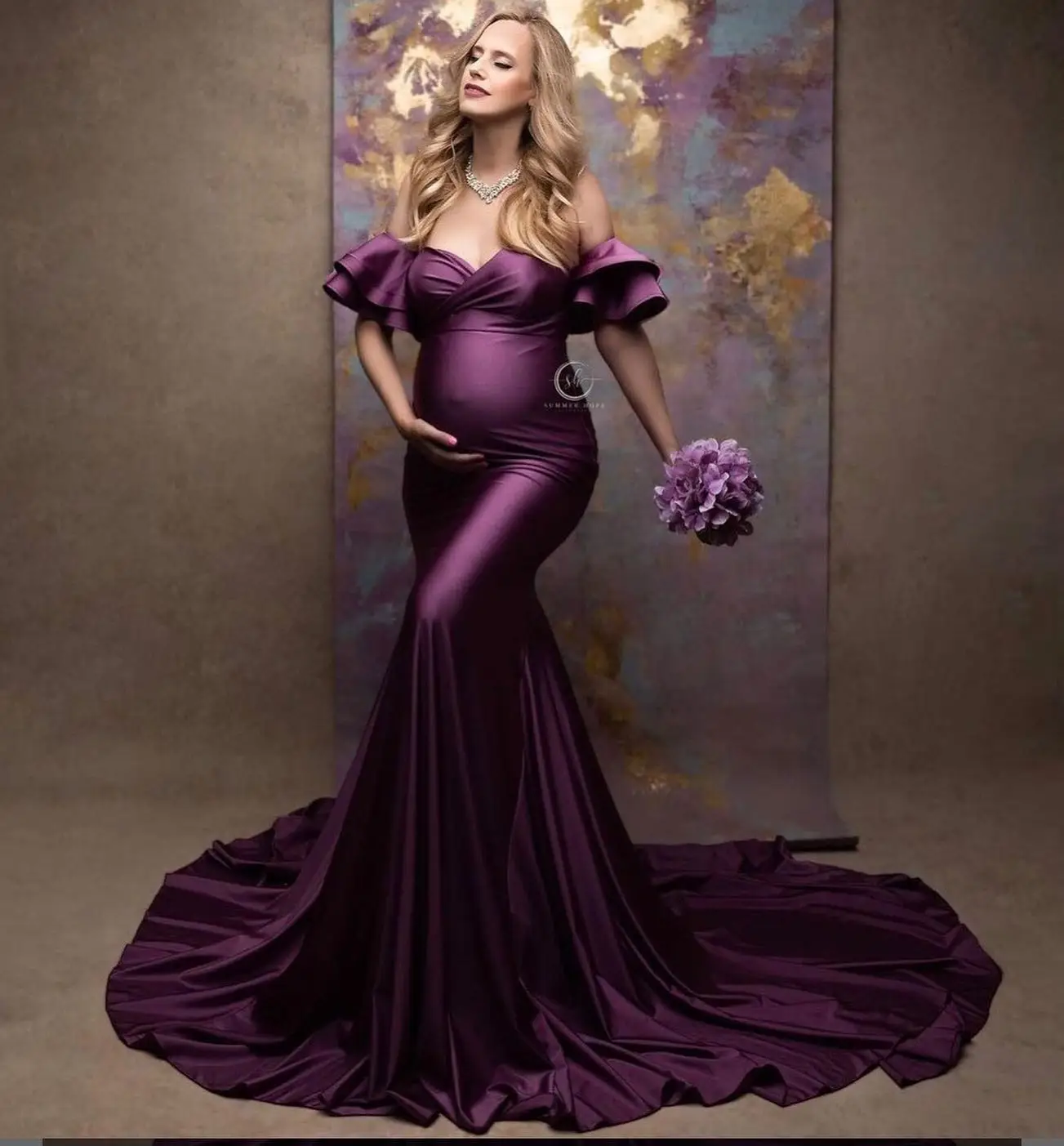 Designarche Beautiful Maternity Velvet Purple Bodice With Pretty Full Sleeves & Full Decent Flair main image 0