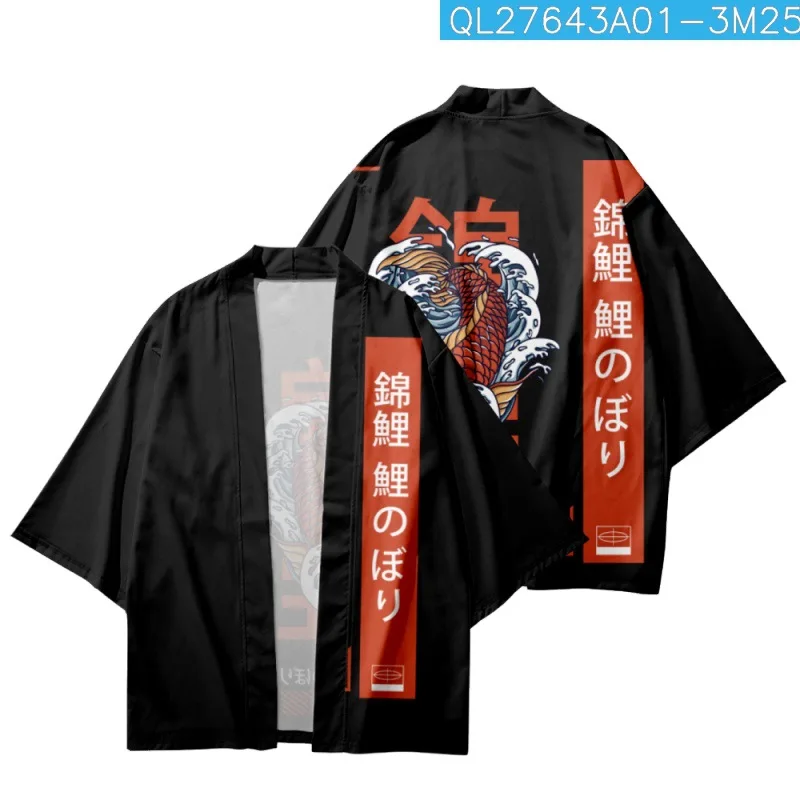 

Кимоно для мужчин и женщин, традиционное пляжное в японском стиле, кардиган, юката, на удачу, с принтом в виде волны карпа, пляжные шорты