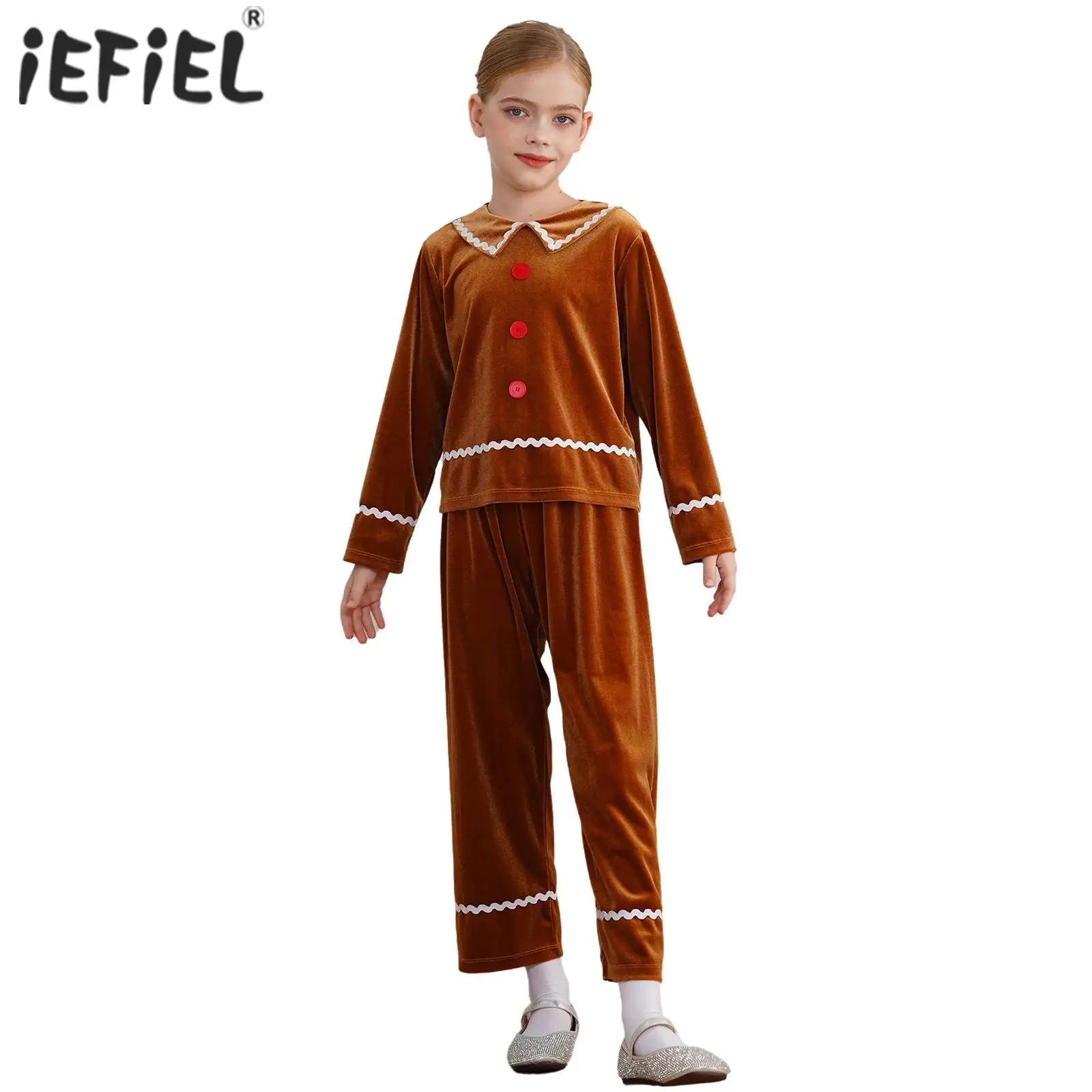 Kids Christmas Gingerbread Man Costume Velvet Gingerbread Elves Suit Long Sleeve Top and Pants Sets Halloween Cosplay Dress Up
