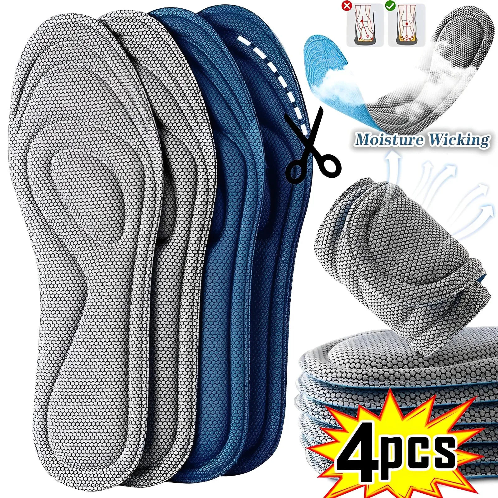 

4PCS Memory Foam Orthopedic Insoles for Shoes Men Women Nano Antibacterial Deodorization Cushion Sweat Absorption Running Insole