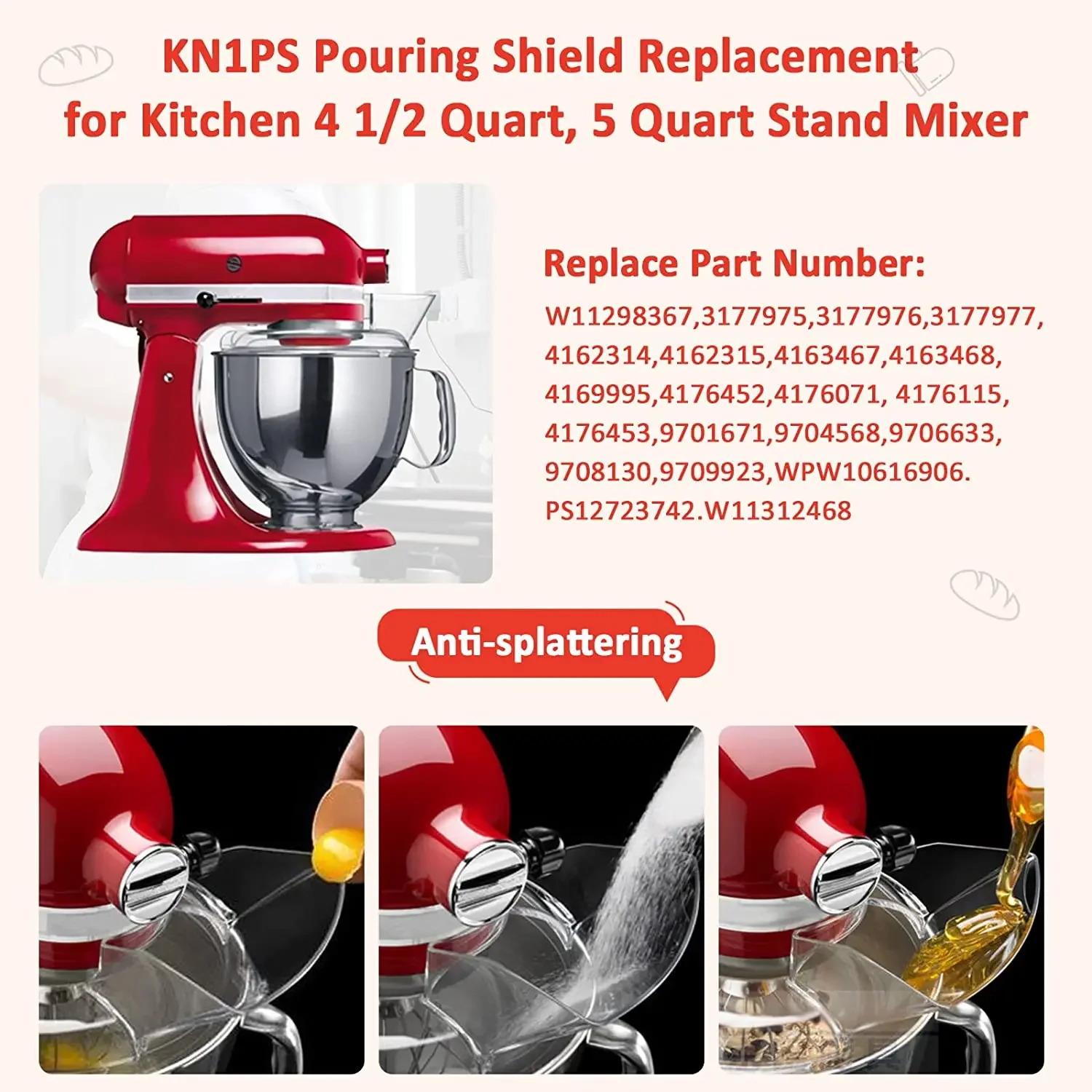 Mixer Accessories Kitchen Cooking Accessories Dishwasher Safe KN1PS dumping cover 4.5-5 quarts KN1PS dumping shield bracket mixer compatible Pouring Shield for KitchenAid