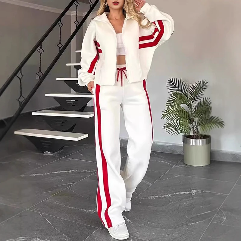 Y2K Clothes Women Striped Print Sportswear Set Fall Lapel
