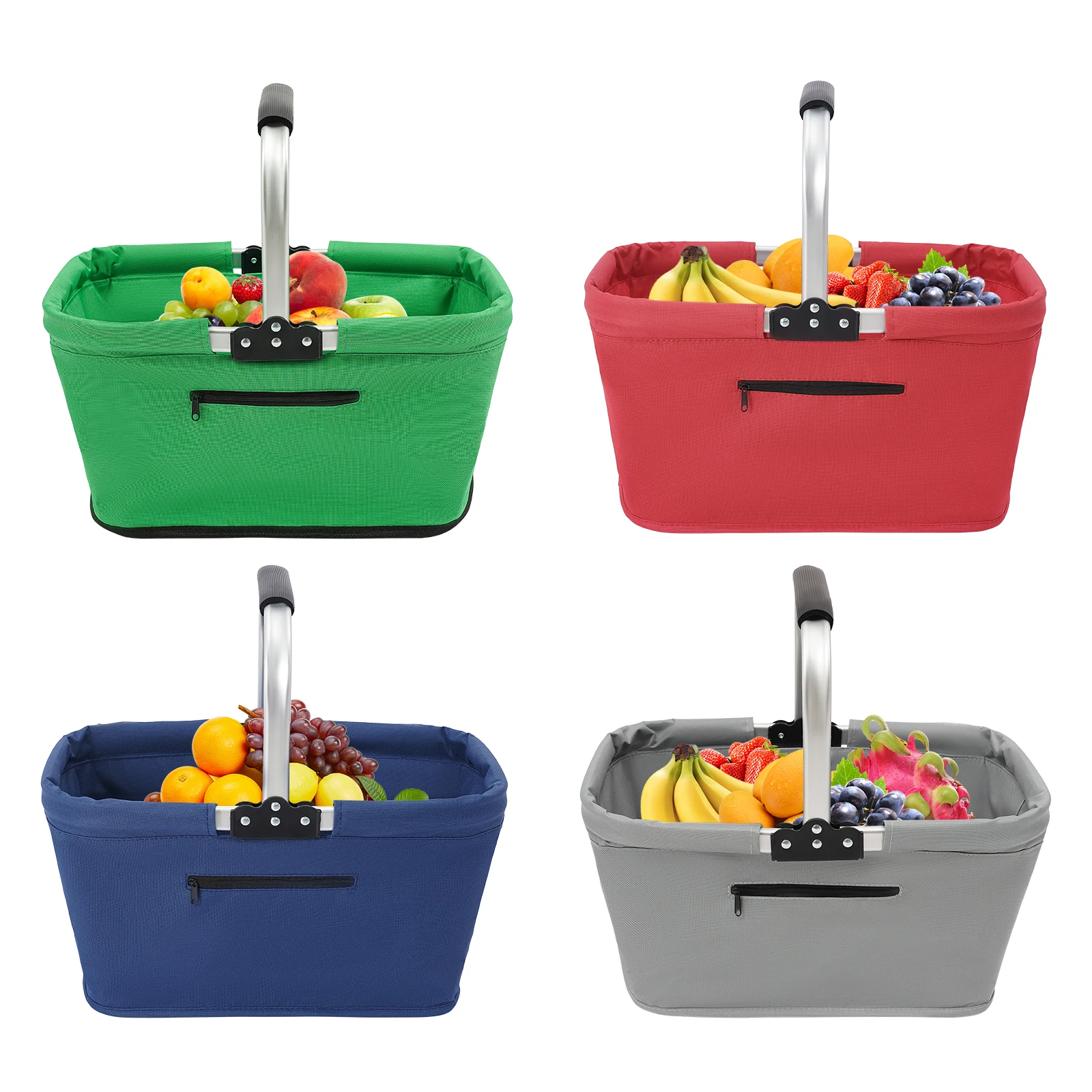 Foldable Shopping Basket Shopping Basket with Padded Handle and Zip Pocket for Shopping, Picnics & Storage