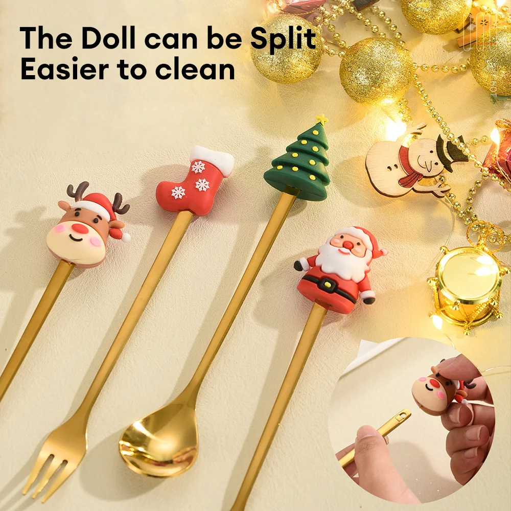 Christmas Gift Gold Spoon Fork Set Elk Christmas Tree Decoration Dessert Scoop Fruit Fork Coffee Spoon Festive Cutlery 6/4 PCS