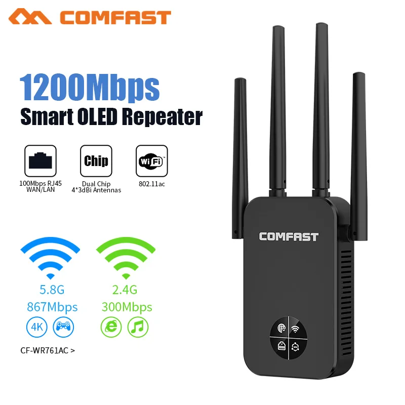 1200-2100Mbps Ripetitore Wifi Repetidor De Sinal 5G 802.11Ac Display Oled Wi Fi Range Extender Signal Booster 4 Antenna Puissant