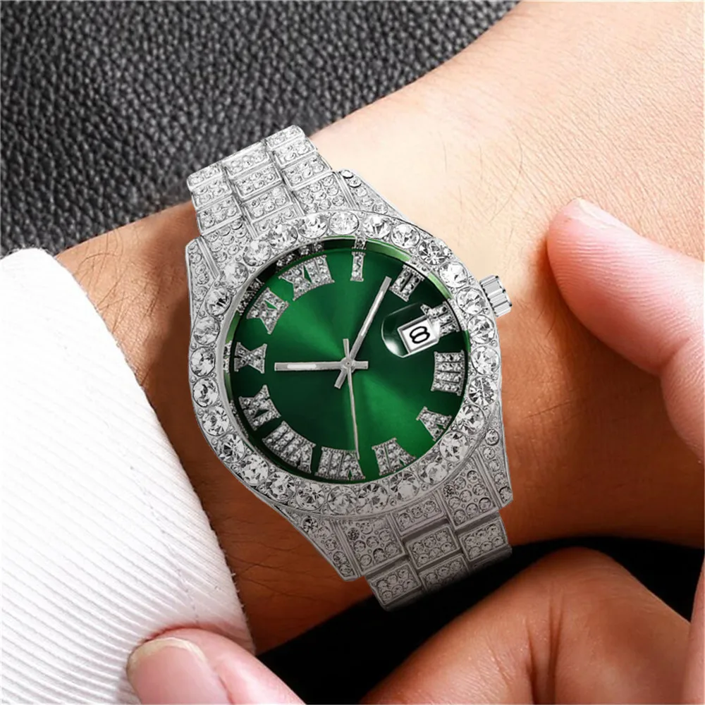 Bling Bling Watch for Men Luxury Rhinestone Full Iced Out Watch Clock Big Red Dial Military Hip Hop Wristwatch Relogio Masculino