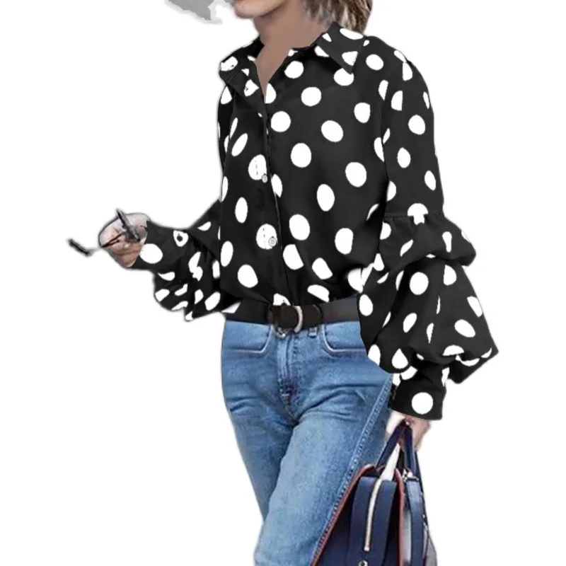 Camisa de manga larga con lunares para Mujer, ropa informal holgada, Tops, Blusa para Mujer