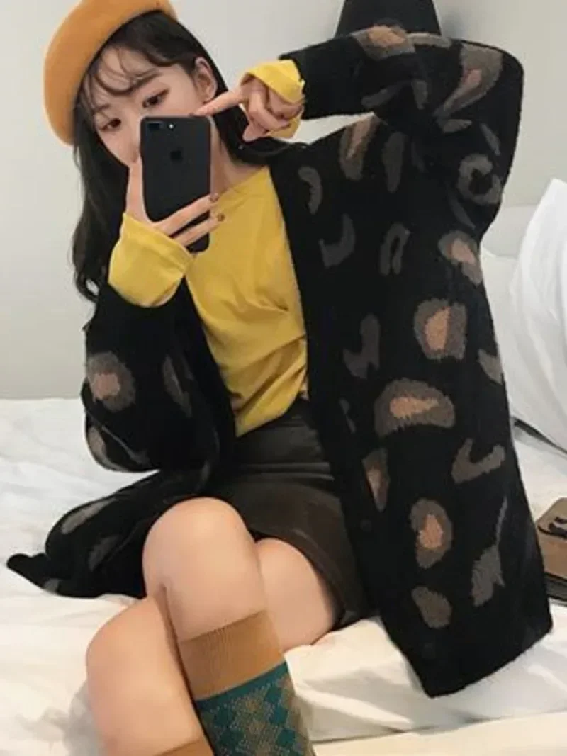 여성용 캐주얼 스웨터, 한국 패션 용수철 핑크 레오파드 V넥 긴팔 카디건, 루즈 코트