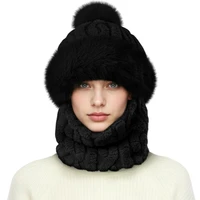 Women Winter Beanie Hats One-Piece Fleece Lined Knit Balaclavas Mask Set Skull Neck Circle Scarf Ski Snow Hat Cap with Pompom