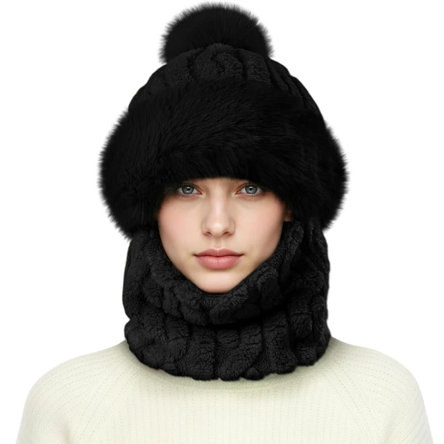 Women Winter Beanie Hats One-Piece Fleece Lined Knit Balaclavas Mask Set Skull Neck Circle Scarf Ski Snow Hat Cap with Pompom