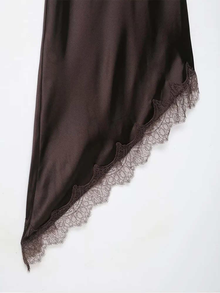 Women's Dress New Summer 2025 Brown Suspender Silk Satin Irregular Long Dress Backless Sexy Fashion Elegant Party Dresses ﻿