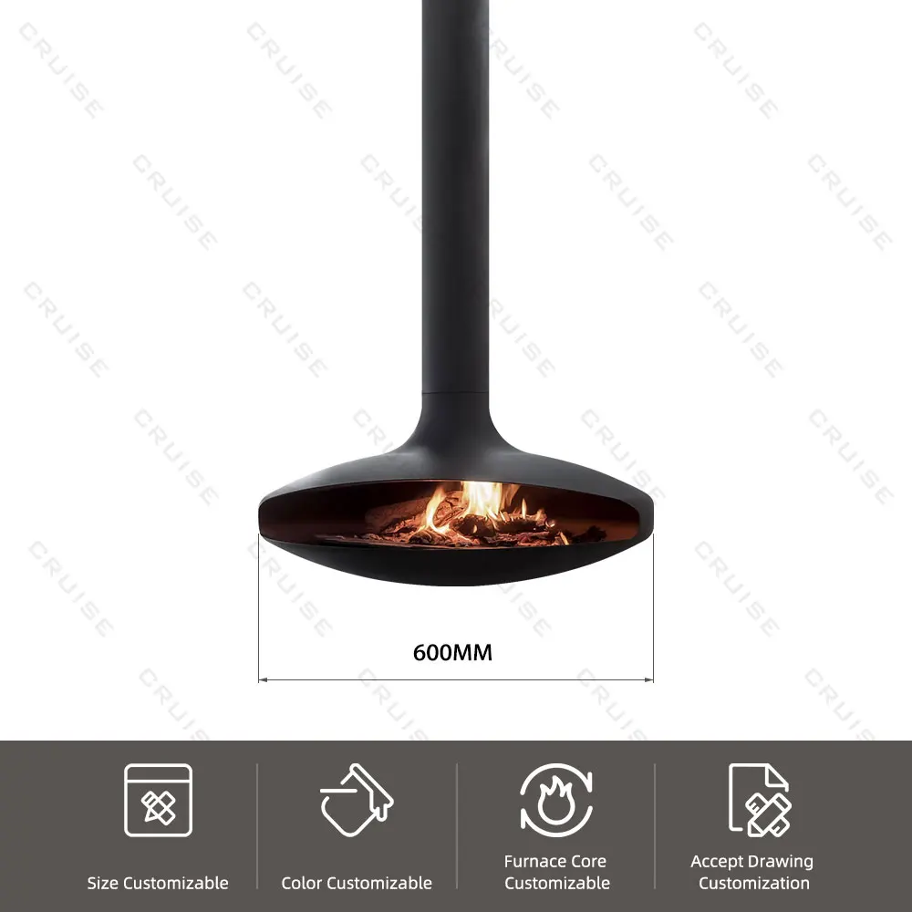 CRUISE Led Fireplace Modern Hanging Fireplace Indoor Hanging Simulation Wood Burn 600mm Suspended Bioethanol