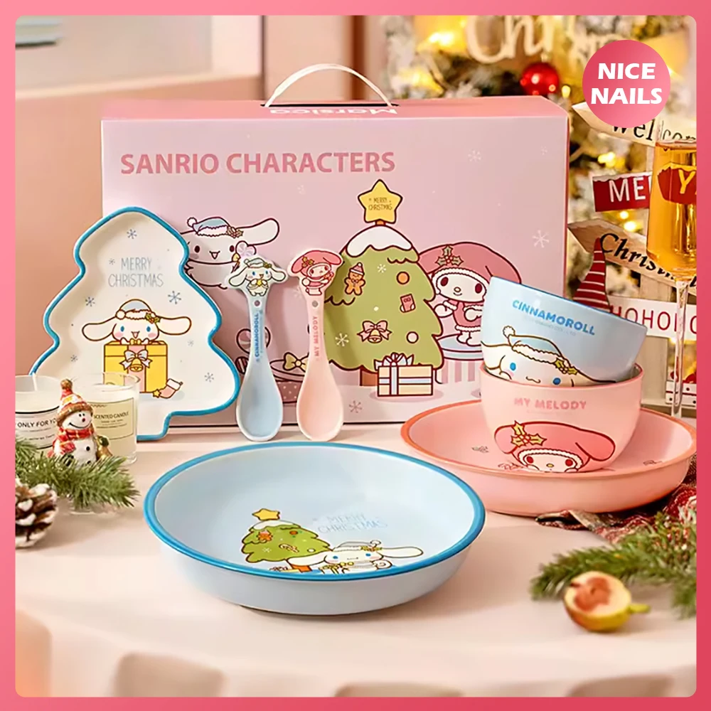 

Sanrios Kawaii Christmas Ceramic Tableware Set Mymelodycinnamoroll Bowl Plate Spoon Food Tableware Baby Dishes Birthday Gift Box