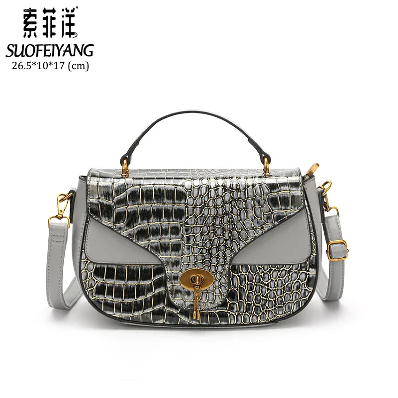 Women's Versatile Contrast Color Handbag Stone Pattern Shoulder Messenger 2024 New Saddle Bag