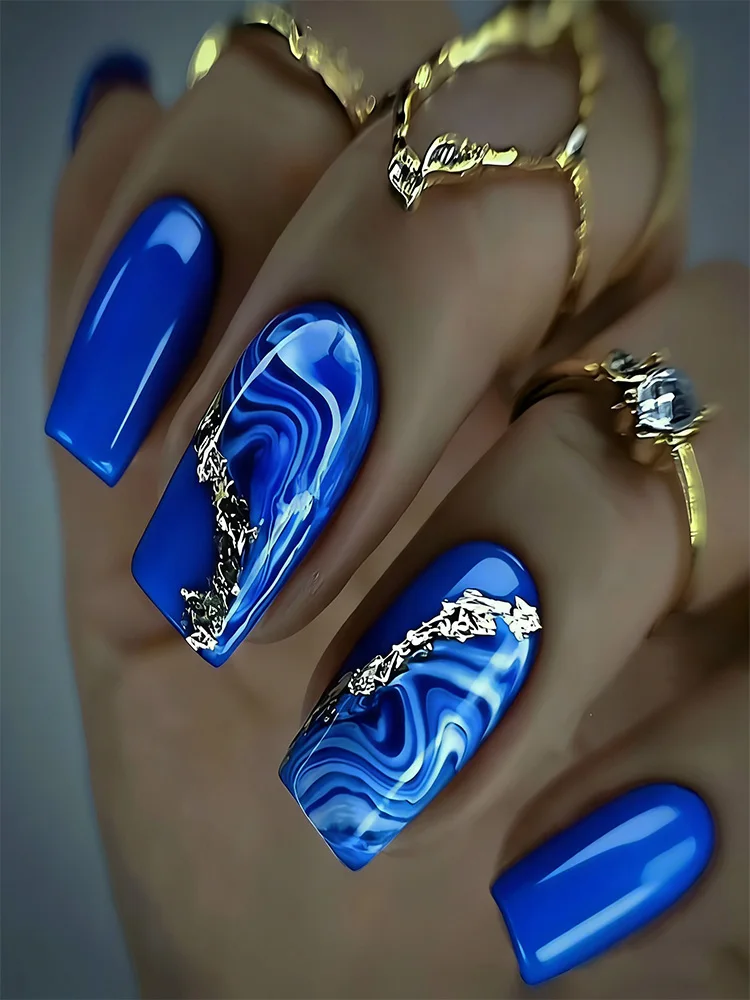 24 Stück/Set kurze mittelquadratische glänzende Ballerina-Kunstnägel, Qualle, blaue Meereswellenblumen, geometrisches Design, zum Aufdrücken falscher Nägel – Detail 40