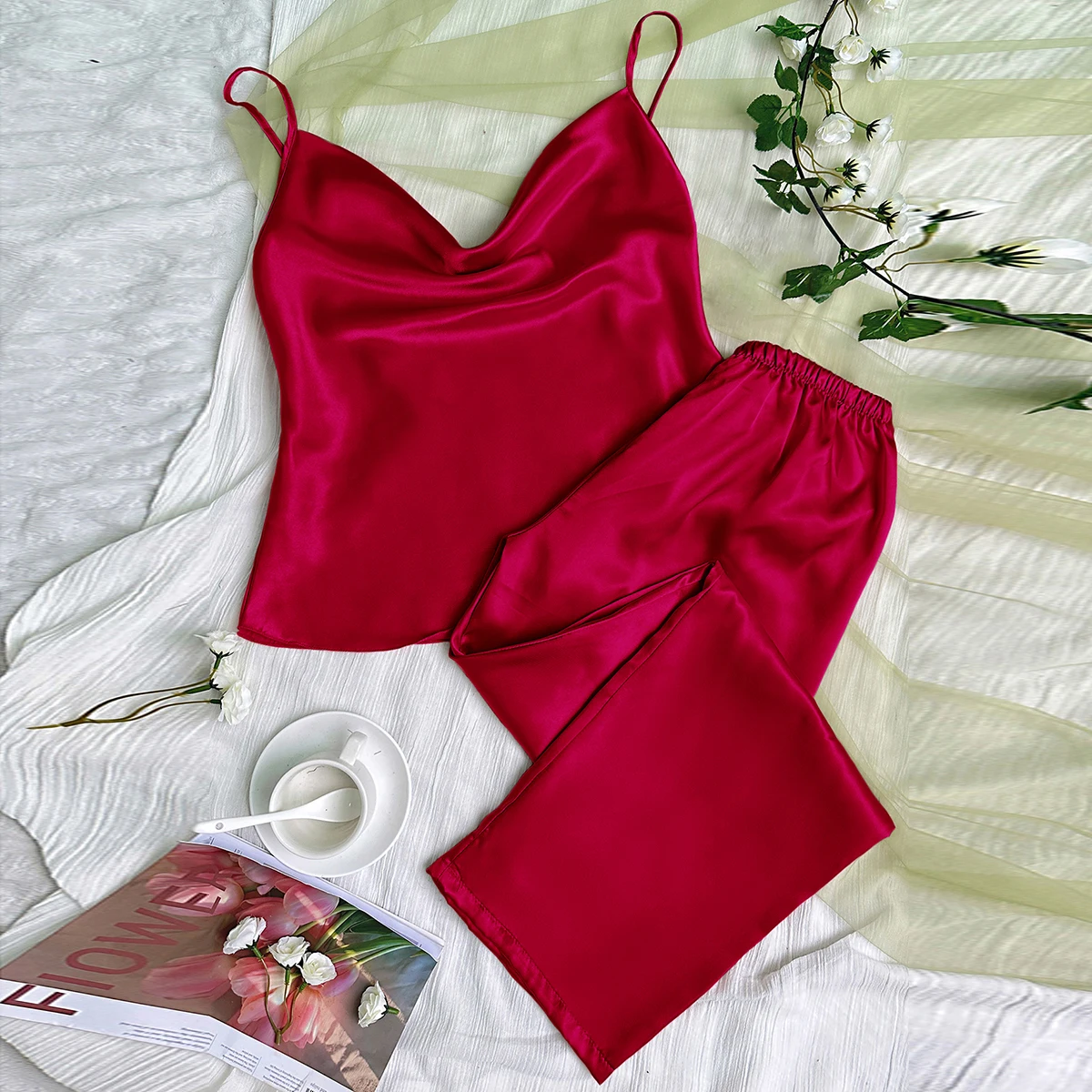 Solid Satin Pajama Set  Draped Collar Cami Top  Elastic Waistband Pants Women's Sleepwear   Loungewear