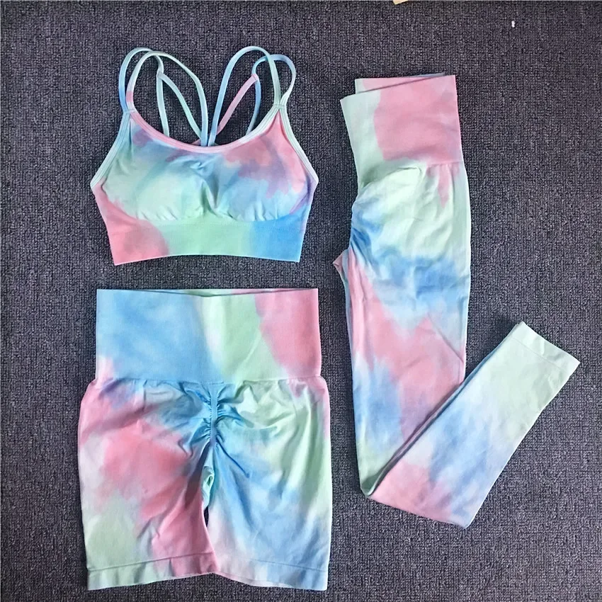 1/2/3Pcs Women Tie Dye Sportswear Yoga Set Workout Leggings Scrunch Leggings Gym Shorts Seamless Gym Sports Bra Yoga Tracksuit