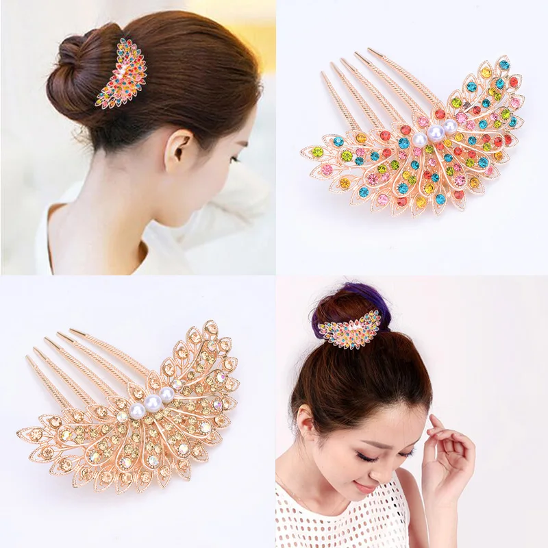 Simple Fashion Multicolor Rhinestone Pearl  Insert Rainbow Princess Hair Comb Women's  Styling Tool Headwear Hair Accessories beautiful ladies hair accessories sunflower five tooth rhinestone comb pearl rhinestone hair comb headdress hair accessories