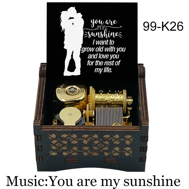 Vintage You Are My Sunshine Black Wooden Music Box, 18 Note Clockwork Musical for Family Christmas Birthday Valentine's Day Gift