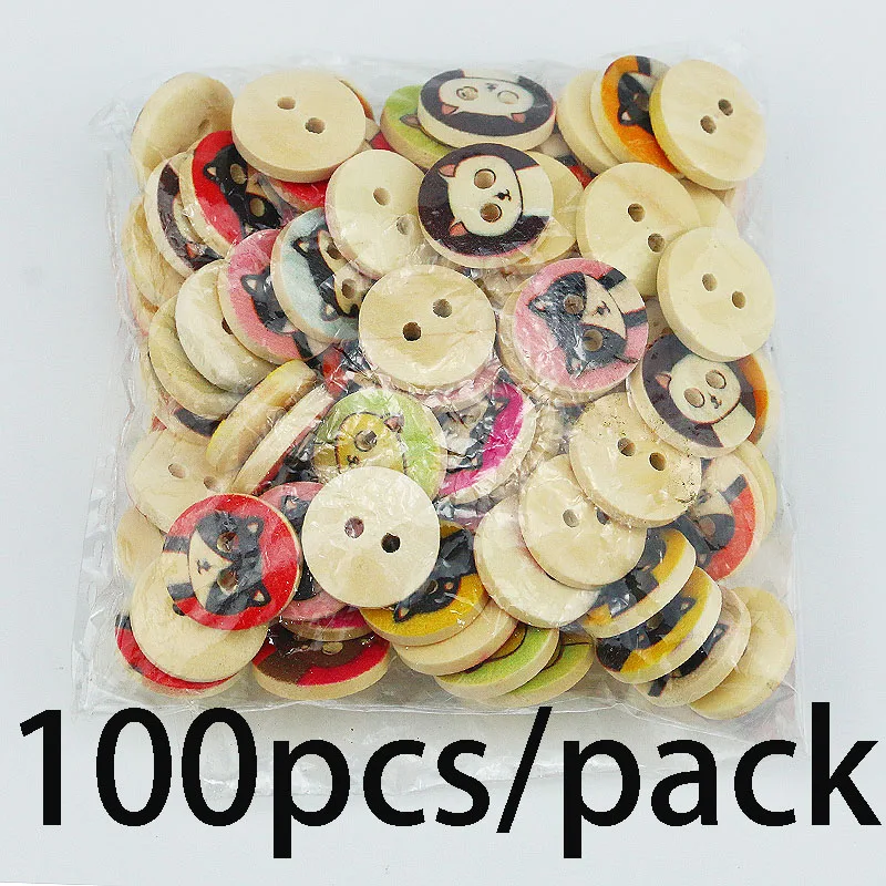 (100 Pieces/pack) 15mm Wide 2-hole Printed Cartoon cat Button Handmade DIY Craft Clothing Decoration Jewelry Button