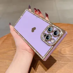 Luxury Diamond Glitter Love Heart Rhinestone Plating Shockproof Soft Phone Case - iPhone 15 (Lavender)