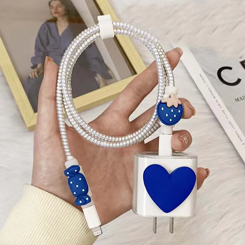 Blue Love Protective Case For Apple Charger 18W 20W Case Tpu Spiral Cable Winder For Iphone 11 12 Charger Cable Data Line Heart
